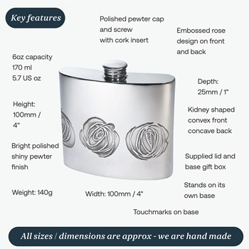 6oz Charles Rennie Mackintosh Rose Pewter Kidney Hip Flask