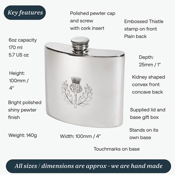 6oz Thistle Pewter Kidney Hip Flask 6oz Thistle Pewter Kidney Hip Flask
