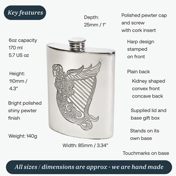 6oz Irish Harp Pewter Kidney Hip Flask 6oz Irish Harp Pewter Kidney Hip Flask