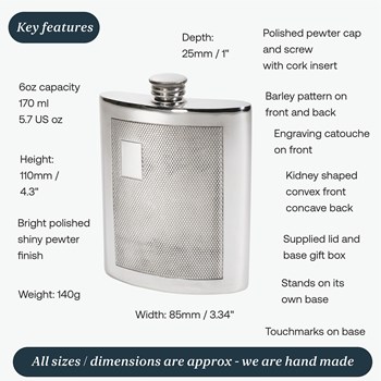 6oz Barley Pewter Kidney Hip Flask 6oz Barley Pewter Kidney Hip Flask