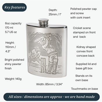6oz Cricket Scene Pewter Kidney Hip Flask 6oz Cricket Scene Pewter Kidney Hip Flask