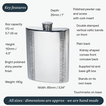 6oz Vertical Celtic Bands Pewter Kidney Hip Flask 6oz Vertical Celtic Bands Pewter Kidney Hip Flask