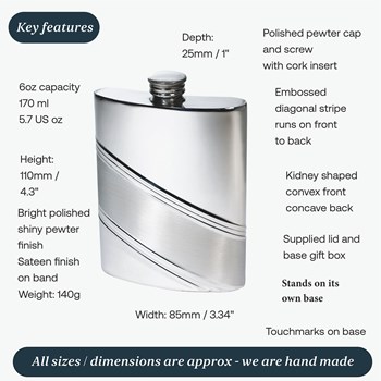 6oz Diagonal Stripe Pewter Kidney Hip Flask 6oz Diagonal Stripe Pewter Kidney Hip Flask
