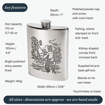 6oz Fishing Scene Pewter Kidney Hip Flask 6oz Fishing Scene Pewter Kidney Hip Flask