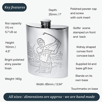 6oz Golf Scene Pewter Kidney Hip Flask 6oz Golf Scene Pewter Kidney Hip Flask