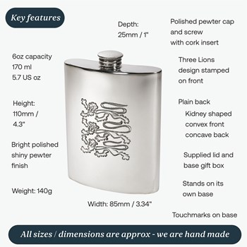 Three Lions 6oz Pewter Kidney Hip Flask