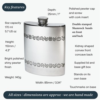 6oz Shamrock Pewter Kidney Hip Flask