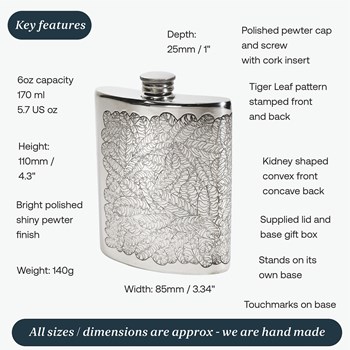6oz Tiger Leaf Pewter Kidney Flask 6oz Tiger Leaf Pewter Kidney Flask