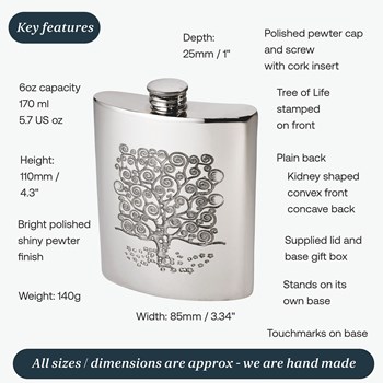 6oz Tree Of Life Tree Pewter Kidney Hip Flask