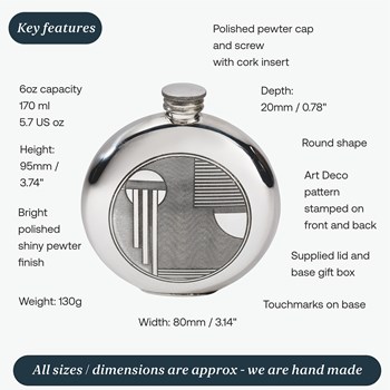 6oz Round Pewter Art Deco Flask 6oz Round Pewter Art Deco Flask