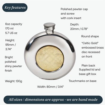 6oz Round Pewter Celtic Gold Flask 6oz Round Pewter Celtic Gold Flask