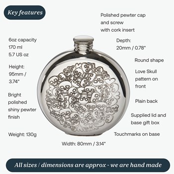 6oz Round Pewter Love Skull  Flask 6oz Round Pewter Love Skull  Flask