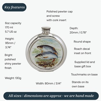 6oz Round Roach Pewter Picture Flask