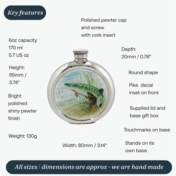 6oz Round Pike Pewter Picture Flask