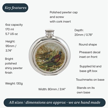 6oz Round Pheasant Pewter Picture Flask