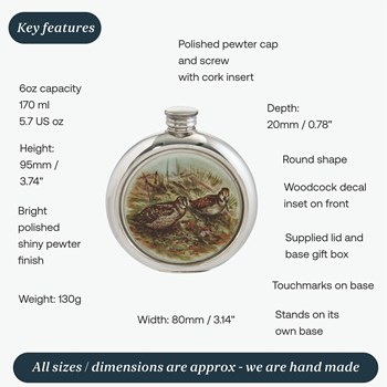 6oz Round Woodcock Pewter Picture Flask