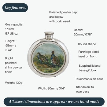 6oz Round Pewter Partridge Picture Flask