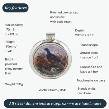 6oz Round Pewter Grouse Picture Flask
