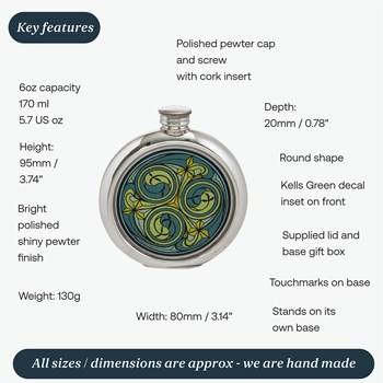 6oz Round Kells Green Pewter Picture Flask 6oz Round Kells Green Pewter Picture Flask