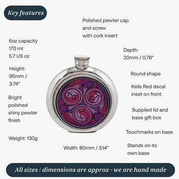 6oz Round Kells Red Pewter Picture Flask