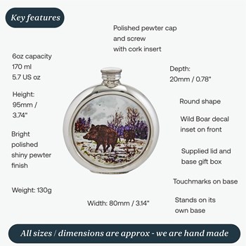 6oz Round Wild Boar Pewter Picture Flask