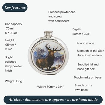 6oz Round Monarch Of The Glen Pewter Picture Flask