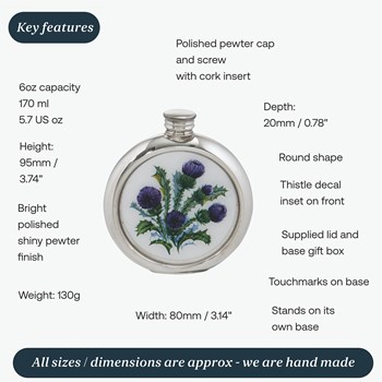 6oz Round Thistle Pewter Picture Flask