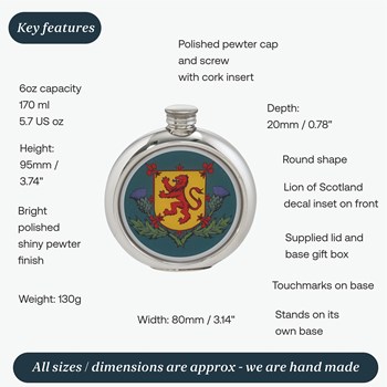 6oz Round Thistles And Lion Rampant Pewter Picture Flask 6oz Round Thistles And Lion Rampant Pewter Picture Flask