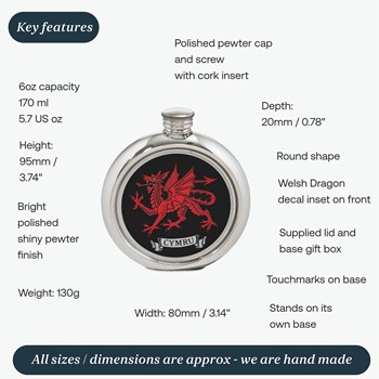 6oz Welsh Dragon Round Pewter Picture Flask