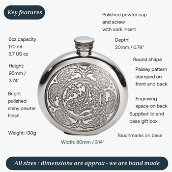 6oz Round Pewter Paisley Flask
