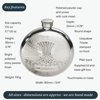 6oz Round Usquabae Single Thistle Pewter Flask