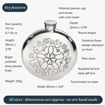 6oz Round Yorkshire Rose Pewter Flask 6oz Round Yorkshire Rose Pewter Flask