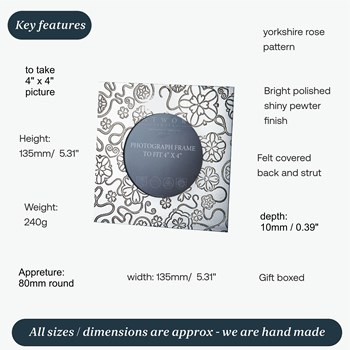 Square Yorkshire Rose 4"X4" Pewter Picture Frame