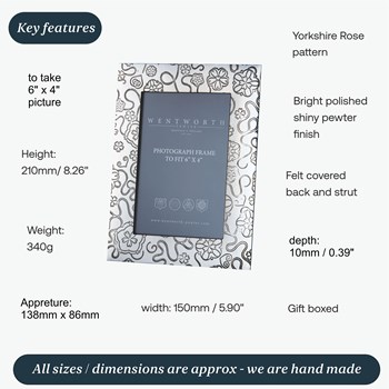 Medium Yorkshire Rose Pewter 6"X4" Picture Frame