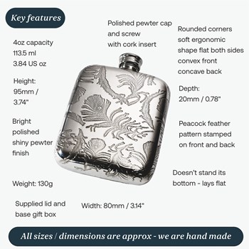 Peacock Pattern 4oz Pewter Pocket Flask Peacock Pattern 4oz Pewter Pocket Flask