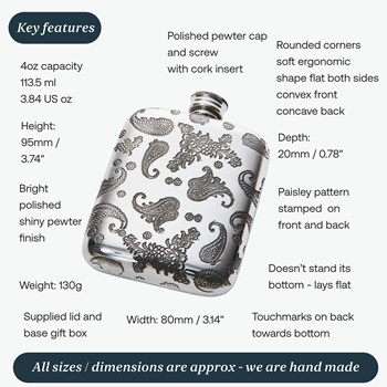 4oz Paisley Pewter Pocket Flask 4oz Paisley Pewter Pocket Flask