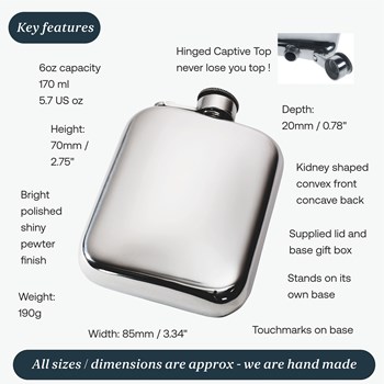 6oz Plain Pewter Pocket Flask With Captive Top 6oz Plain Pewter Pocket Flask With Captive Top