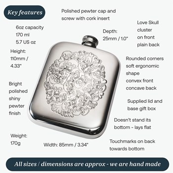 6oz Skull Heart Cluster Pewter Pocket Flask 6oz Skull Heart Cluster Pewter Pocket Flask