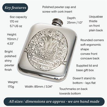 6oz Usquabae Thistle Skull And Hearts Pewter Pocket Flask