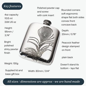 Peacock Feather 4Oz Pewter Pocket Flask
