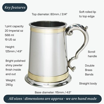 One Pint Double Brass Band Monarch Pewter Tankard One Pint Double Brass Band Monarch Pewter Tankard