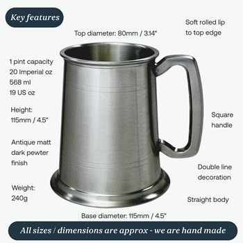 One Pint Antique Finish Lined Pewter Tankard One Pint Antique Finish Lined Pewter Tankard