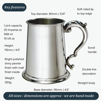 Standard Lined  Fancy Handle One Pint Pewter Tankard Standard Lined  Fancy Handle One Pint Pewter Tankard