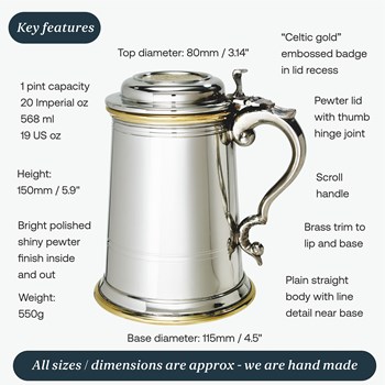 Heavy Lidded Celtic Gold One Pint Pewter And Brass Tankard Heavy Lidded Celtic Gold One Pint Pewter And Brass Tankard