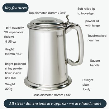 Lidded One Pint Pewter Tankard