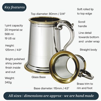 Wortley Glass Base One Pint Pewter And Brass Tankard