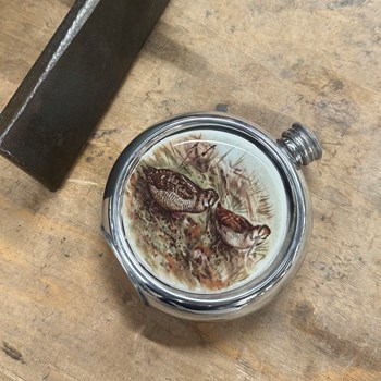 6oz Round Woodcock Pewter Picture Flask