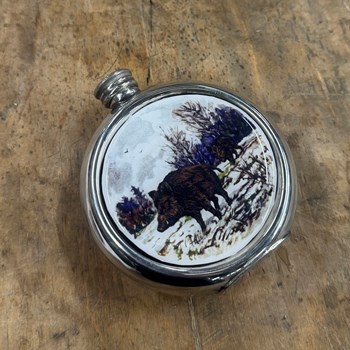 6oz Round Wild Boar Pewter Picture Flask