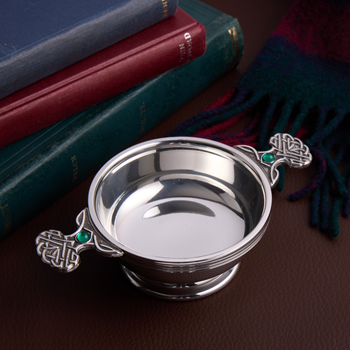 May Birthstone Pewter Quaich With Emerald Stones May Birthstone Pewter Quaich With Emerald Stones