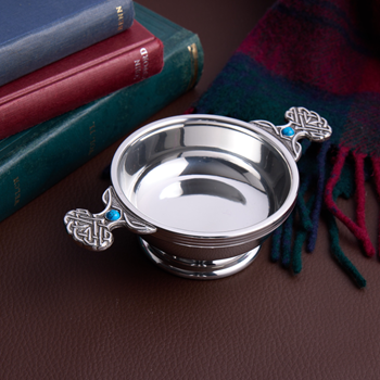 December Birthstone Pewter Quaich With Turquoise Stones December Birthstone Pewter Quaich With Turquoise Stones